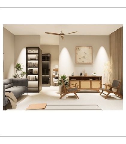 A serene seating area within a bedroom at ALTURA. We used a mix of modern and mid-century inspired furniture, soft textiles, and focused lighting to create a perfect corner for reading and unwinding.