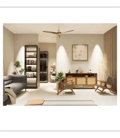 A serene seating area within a bedroom at ALTURA. We used a mix of modern and mid-century inspired furniture, soft textiles, and focused lighting to create a perfect corner for reading and unwinding.