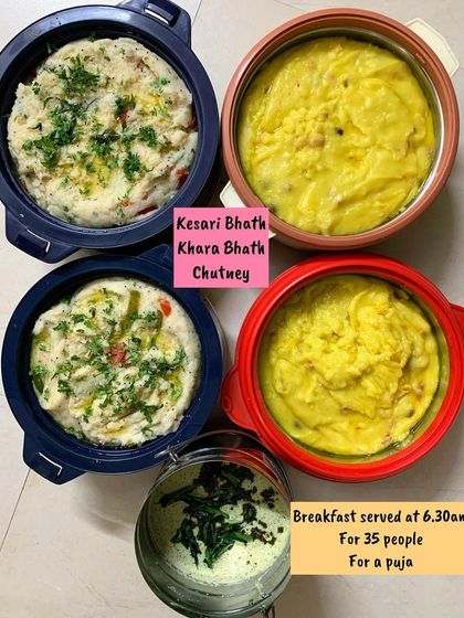 An early morning breakfast I served at 6:30 am for a puja of 35 people, featuring Kesari Bhath, Khara Bhath, and fresh coconut chutney.