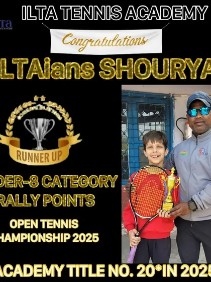 ILTAian Shourya, the runner-up in the Under-8 category. He is seen here with his coach, celebrating another title for the academy.