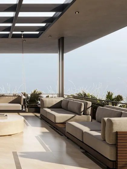 The minimalist, low-profile outdoor furniture keeps the focus on the open sky and expansive view. The design emphasizes clean lines and natural materials to create a serene and sophisticated outdoor living space.