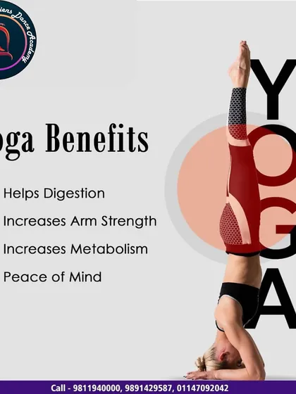 This graphic highlights some of the many benefits of a consistent yoga practice, including improved digestion, increased arm strength, and peace of mind.