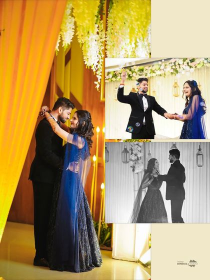 A collage showing the couple's first dance. It includes a color shot, a black and white version, and a fun moment with a bubble machine, capturing the memory from all angles.