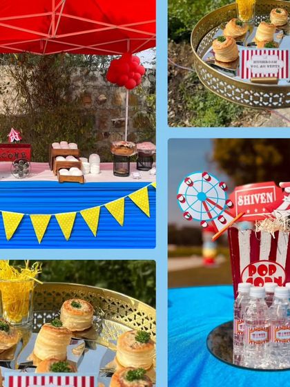 A collage capturing the fun and flavor of a carnival-themed event. It highlights the colorful decor, themed food presentation, and delicious appetizers like mushroom puffs.