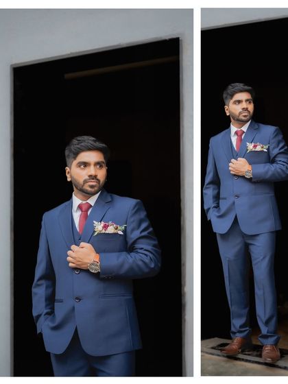 A diptych of the groom in his sharp blue suit. These portraits capture his confident stance and stylish wedding day look.