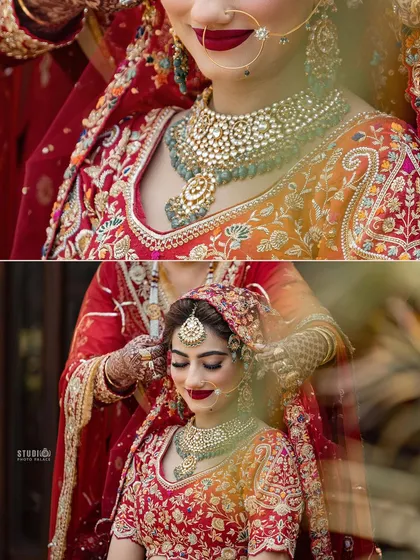 A close-up of the getting-ready process. Every detail, from the jewellery to the final touch-up, is done with utmost care.