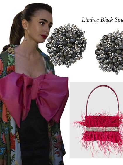 For a high-fashion look inspired by "Emily in Paris," I've paired this dramatic pink bow dress with my red feather mini bag and Lindrea black stud earrings for a bold and unforgettable style.