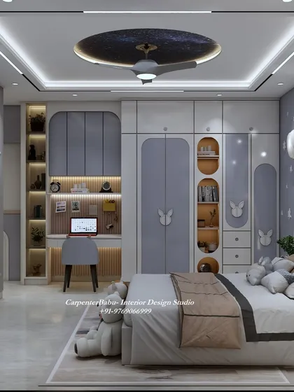 A space-themed kids' room with a rock-climbing wall! This design is perfect for an active child, combining fun and functionality with a cool, modern aesthetic.