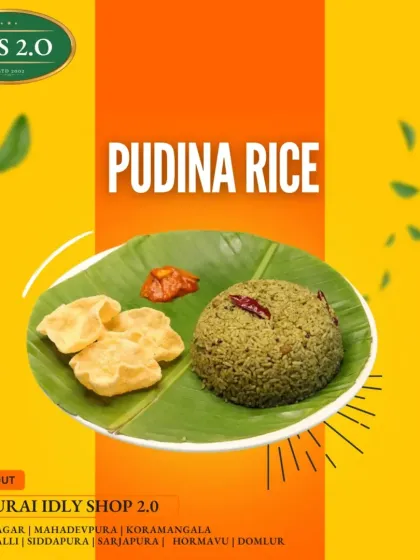 Freshness redefined. Dive into our aromatic and refreshing Pudina Rice, served with crispy papads for the perfect texture contrast.