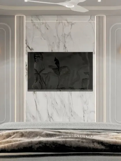 A render of the TV wall in the same bedroom, featuring a stunning marble panel flanked by elegant wall sconces and decorative molding.