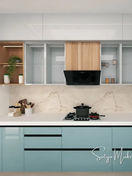 A 3D render of a modern kitchen with pastel blue cabinets, a marble backsplash, and integrated appliances.