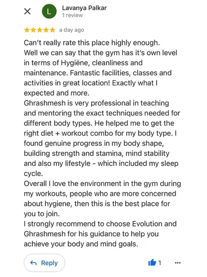 This detailed review from Lavanya highlights the key pillars of my service: hygiene, professional coaching tailored to body type, and a holistic approach that includes diet, sleep, and mindset. It's about achieving both body and mind goals.