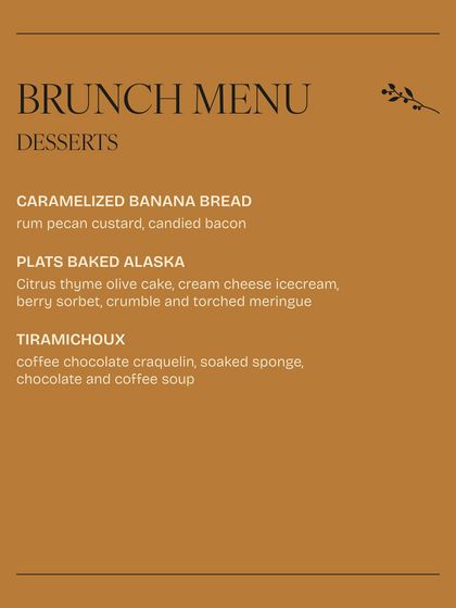 A dessert menu featuring our popular Plats Baked Alaska and a unique Tiramichoux, a hybrid of tiramisu and choux pastry.