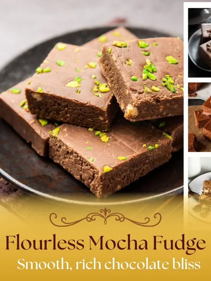 For a rich, gluten-free option, we offer this Flourless Mocha Fudge. Its smooth texture and deep chocolate-coffee flavor provide a truly blissful indulgence.