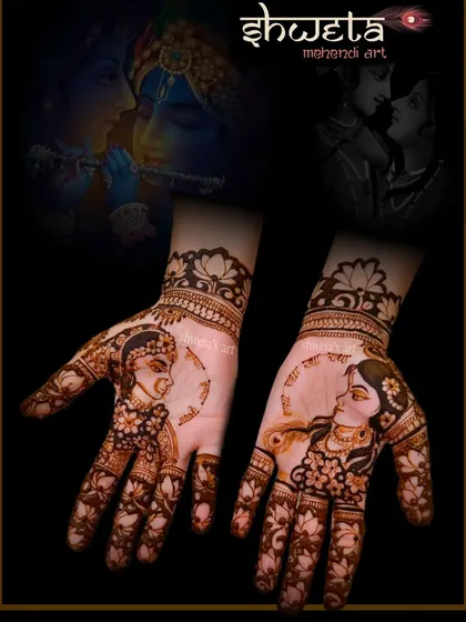 A beautiful depiction of Radha and Krishna for a Karwa Chauth celebration. This portrait style is perfect for capturing the divine love story on your hands.