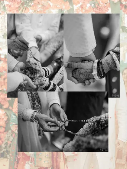 A black and white collage focusing on the hands of the bride and groom during the ceremony, symbolizing their union through sacred rituals.