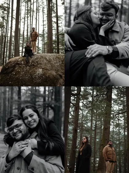 A collage of portraits from a pre-wedding shoot in Manali. The mix of close-ups and wider shots, all with a moody and romantic tone, showcases the beauty of the location and the couple's connection.