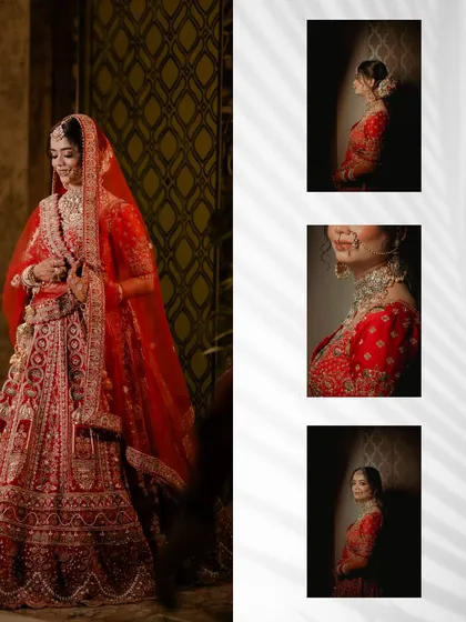 A collage combining a full-length bridal portrait with close-up details of her look.