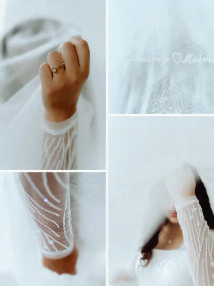 A creative collage focusing on the details: the engagement ring, the sparkling sleeve of the gown, and the bride's soft smile behind her veil.