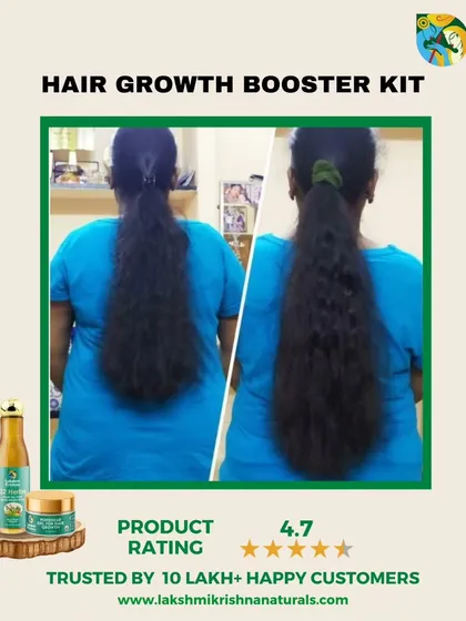 Trusted by over 10 lakh happy customers, our Hair Growth Booster Kit delivers real results. This before-and-after image shows a clear improvement in hair length and volume, demonstrating the effectiveness of our natural, three-part system.