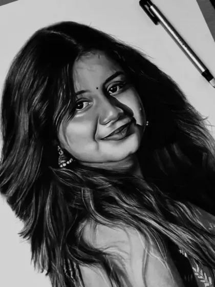 A high-contrast, close-up shot of a finished portrait, emphasizing the deep shadows and bright highlights.