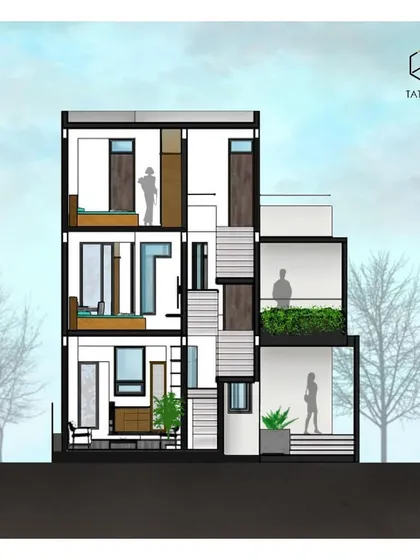 Labeled Section AA, this architectural drawing provides another slice through the Mysore bungalow. It showcases the strategic placement of green spaces like the mid-level balcony garden, which brings nature into the home, and clarifies the layout of private rooms on the upper floors.