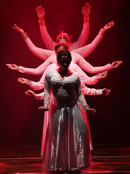 Choreography is about creating unforgettable images. This powerful formation from our 'Manch 24' student showcase captures the essence of our Indian Fusion style, blending traditional motifs with contemporary stagecraft to create a visually stunning moment.