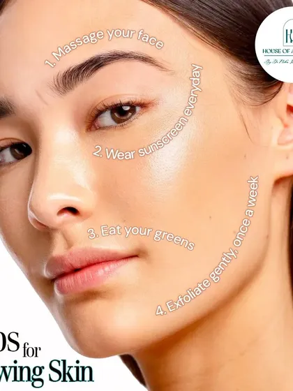 Simple tips for glowing skin: massage your face to boost circulation, wear sunscreen every day without fail, eat your greens for internal nourishment, and exfoliate gently once a week to remove dead skin cells.