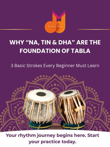 Your rhythm journey begins here. This graphic introduces the foundational strokes of tabla, "Na, Tin & Dha," which are essential for every beginner to learn for building clarity and rhythm.