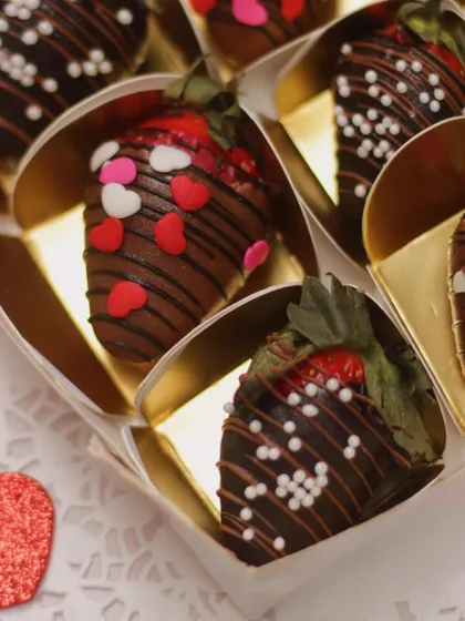 Another look inside our box of chocolate-covered strawberries, showing the care we put into packaging each one. They make for a beautiful and delicious gift.