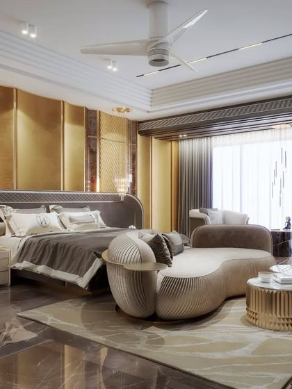 An opulent bedroom render featuring gold-paneled walls, a sculptural chaise lounge, and rich textures. This visualization is a showcase of high-end, maximalist luxury.