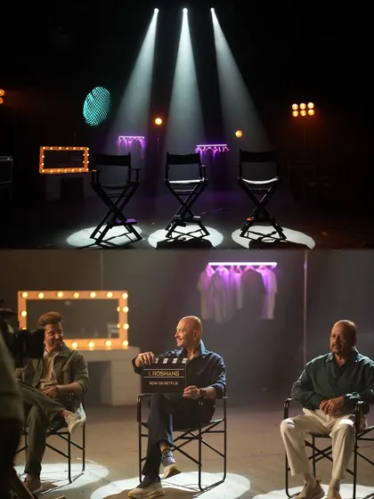 A before-and-after from a Netflix promo shoot for a Roshan family documentary. The bottom image shows the final, dramatic three-point lighting setup, while the top shows the unlit set with the director's chairs.