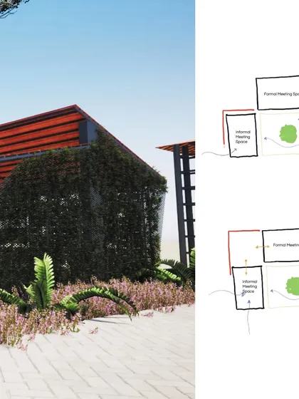 This composite image combines a render of the green-walled formal meeting space with my initial planning sketches. It provides a glimpse into my design process, moving from simple spatial diagrams to a fully realized architectural concept.