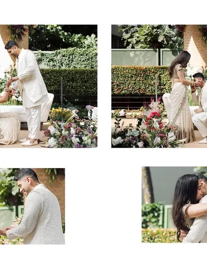 The ring exchange during an intimate home engagement. This collage captures the proposal, the acceptance, and the loving embrace that followed.