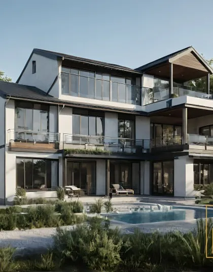 We design and execute complete architectural projects like this modern multi-level villa. Our focus is on creating a seamless flow between indoor and outdoor spaces, incorporating large windows for natural light, and using clean lines for a timeless look.