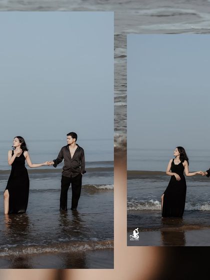 A serene collage of a couple standing hand-in-hand in the ocean, looking out at the horizon together.