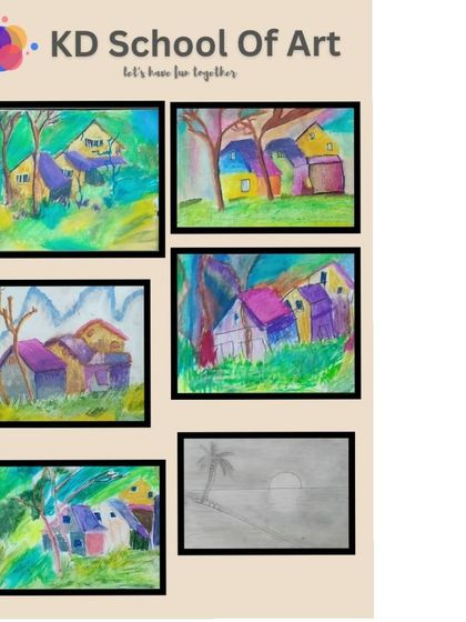 Collages showing the amazing variety of oil pastel drawings from our classes, from flowers and animals to landscapes and festive themes.