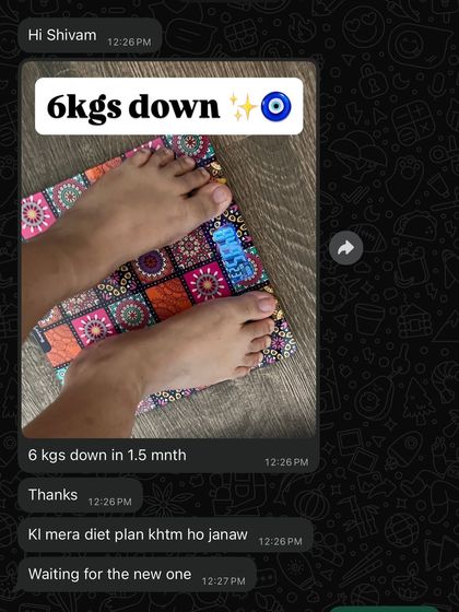 6 kgs down in 1.5 months. This client is so happy with her progress that she is already waiting for her next diet plan to continue her journey.