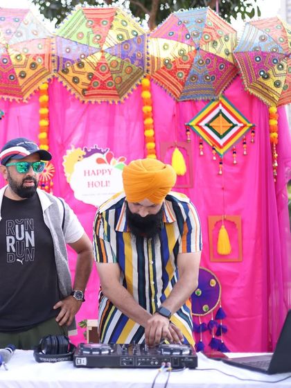 DJing at a colorful outdoor Holi event. I'm comfortable performing in any setting, day or night, indoors or outdoors.