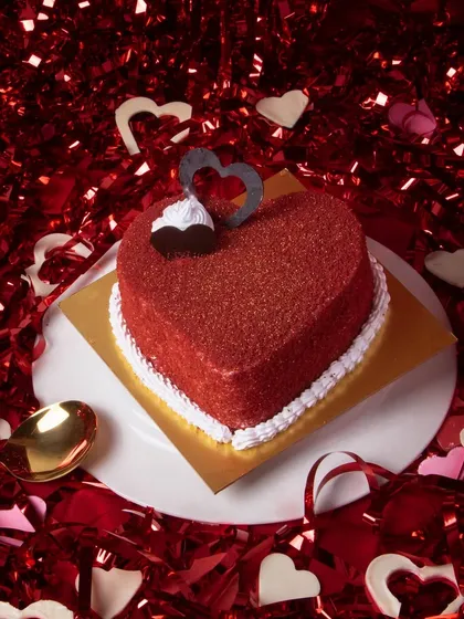 The 'Stole my Heart' Cheesecake is a Valentine's special. It features a creamy cheesecake on a rich red velvet base, creating a perfect blend of flavors and textures.