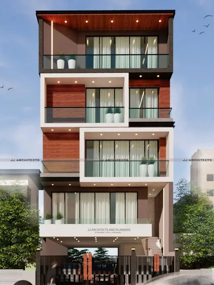 A residential elevation design with interlocking white and brown volumes, creating a dynamic and modern look.