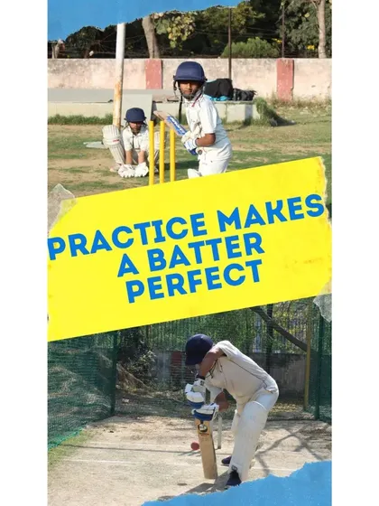 "Practice makes a batter perfect." This graphic highlights our belief in disciplined and consistent training, showing young players honing their skills in the nets.