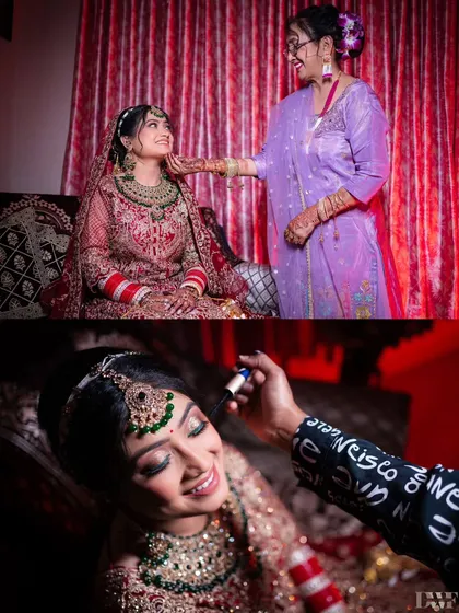 A collage showing the bride getting ready for her Punjabi wedding, with her mother's loving touch and the final touches of makeup.