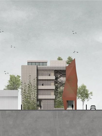 Another elevation of the Chennai office building, highlighting the perforated materiality and the integrated green facade. Our drawings are designed to be both technical documents and evocative representations of the final design.