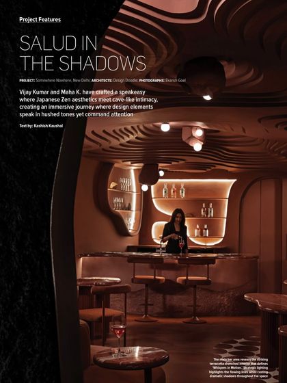 Our "Whispers in Motion" speakeasy project was featured in Architecture + Design magazine, which described it as an immersive journey where Japanese Zen aesthetics meet cave-like intimacy.