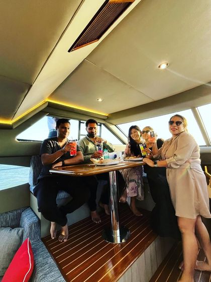 Guests enjoying our custom cocktails during a yacht party in Mumbai. We love creating a fun, relaxed atmosphere for bachelorette parties and weekend celebrations on the water.