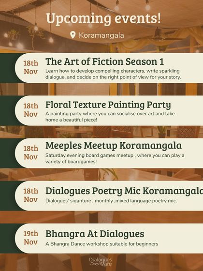 Our upcoming events list for a weekend, showing a mix of activities like a fiction workshop, painting party, board games, and poetry mic.