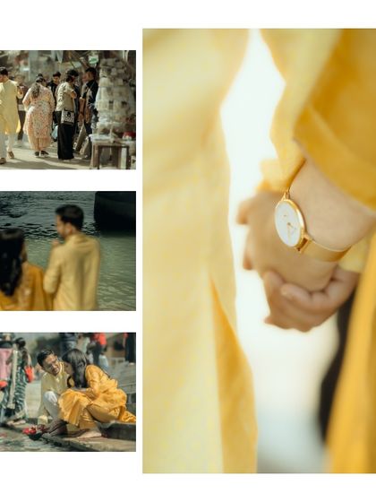A collage from a pre-wedding shoot by the ghats, showing candid moments of the couple walking, sitting by the water, and a close-up of them holding hands.