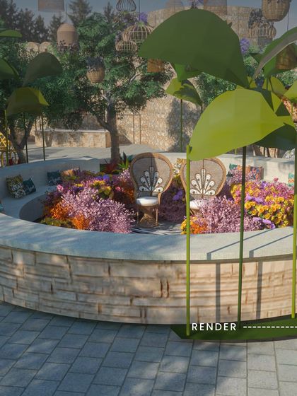 Render: Our design for a jungle-themed Haldi event. The render shows a whimsical seating area surrounded by lush, colorful florals and playful animal motifs, setting the stage for a fun and unconventional celebration.