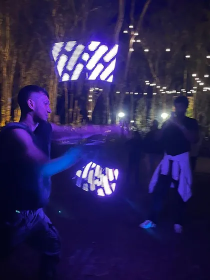 Flow arts get a tech upgrade with pixel props. This is me spinning some LED graphic poi at a festival. The patterns and lights add a whole new dimension to the performance.